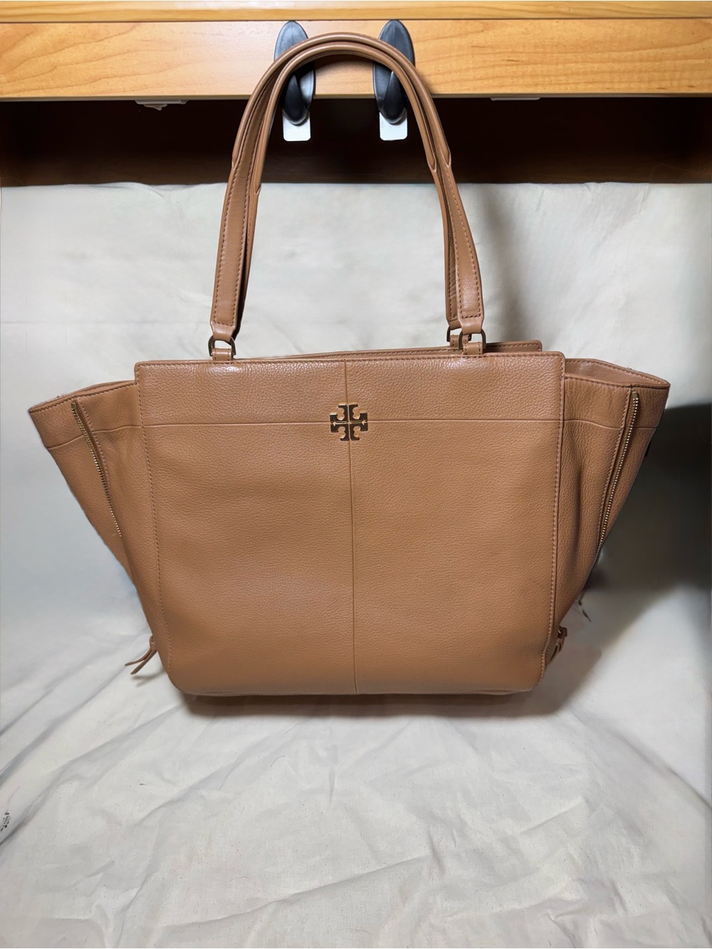 Tory Burch Tan Pebbled Leather Tote with Logo
